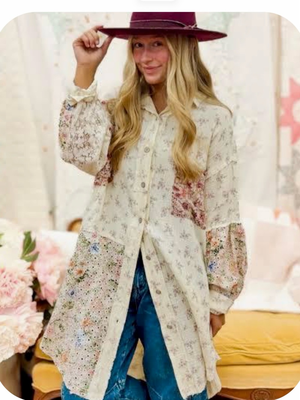 POL Oversize Cream Floral Patchwork Button-Front Tunic
